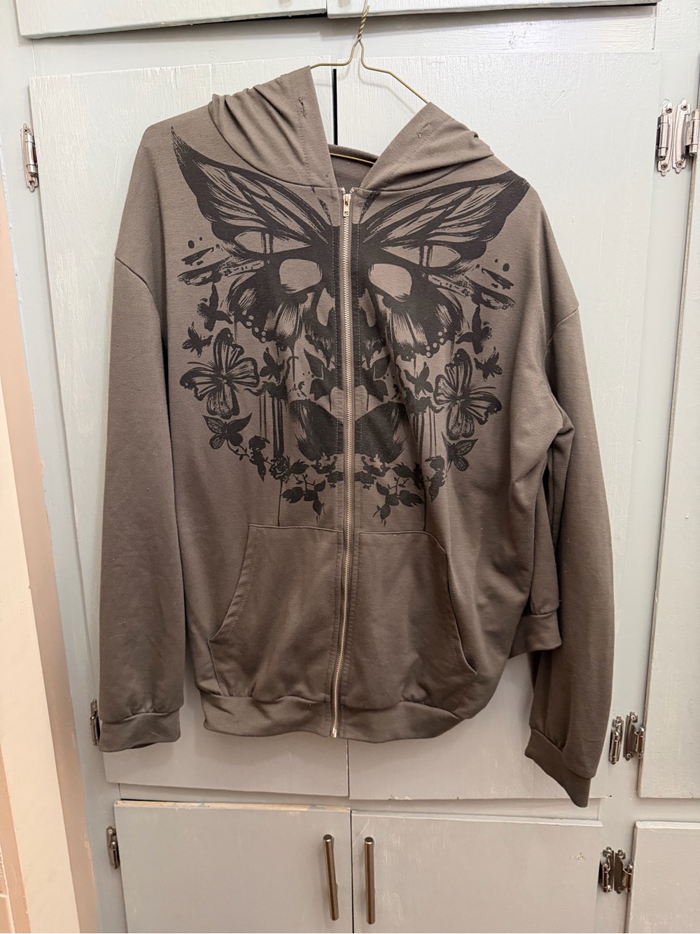 ROMWE Taupe Brown Zip-Up Hoodie with Black Butterfly Graphic